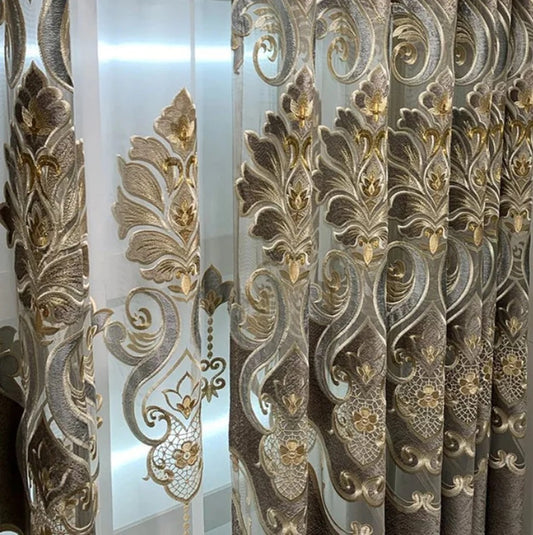 High Grade Gray Coffee Jacquard Thickened Chenille Hollowed Out Embroidered Curtains, Luxuriance Style Hand made