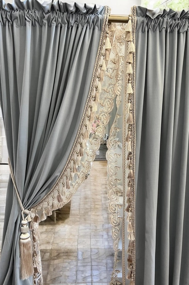Handmade custom velvet curtain with fringe trim border and sheer, gray_blue velvet curtain, custom color
