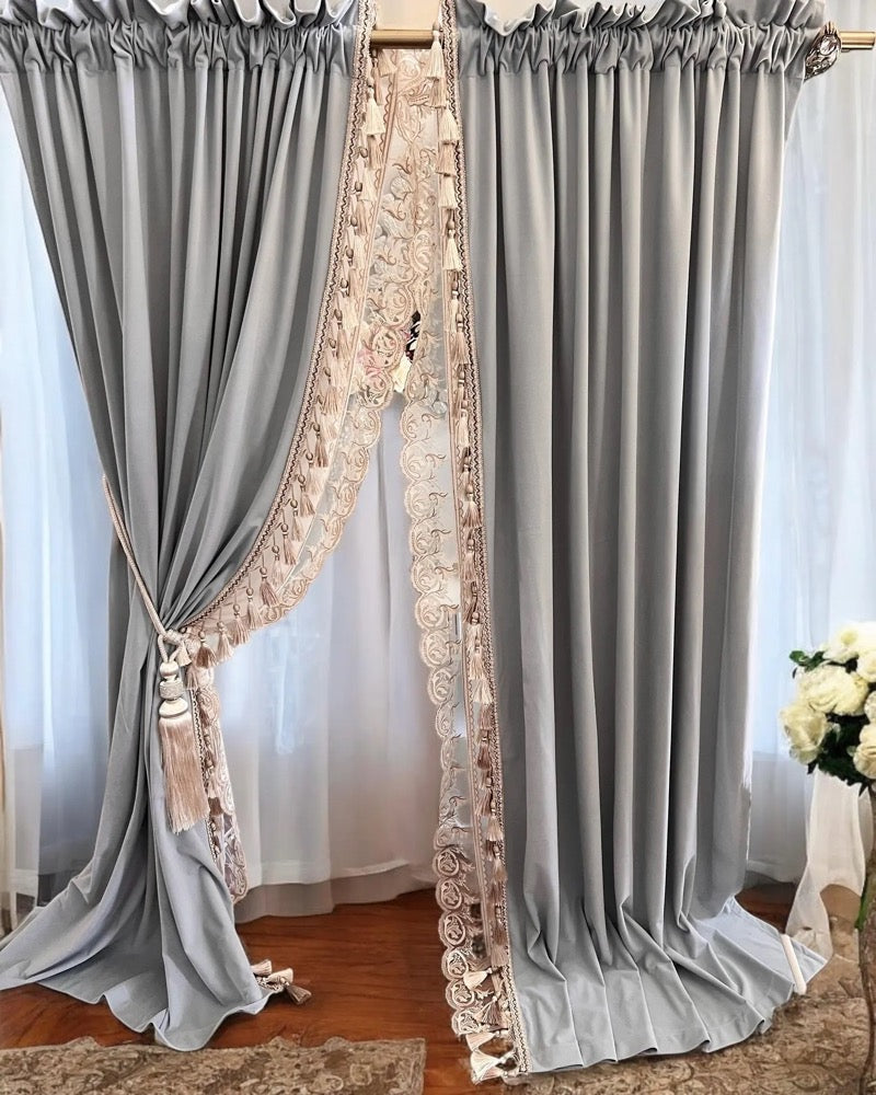Handmade custom velvet curtain with fringe trim border and sheer, gray_blue velvet curtain, custom color