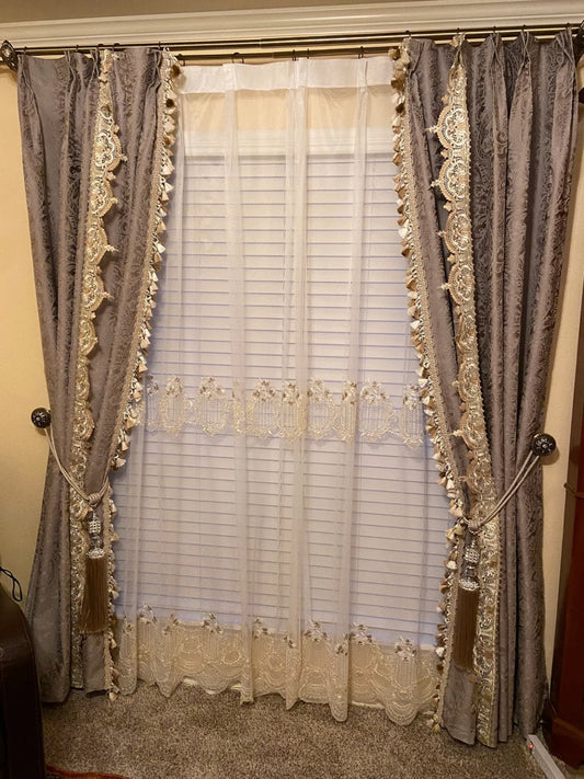 Luxury French Rococo Embossed Curtains Tassel Lace Blackout Curtains, Handmade and custom size