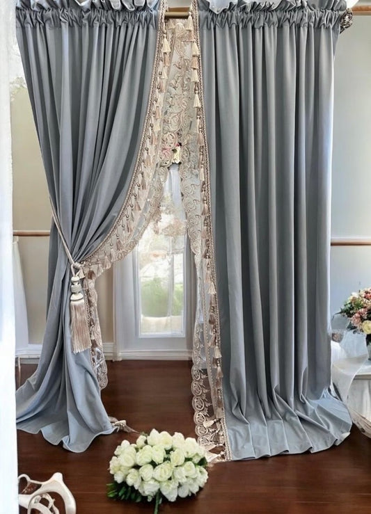 Handmade custom velvet curtain with fringe trim border and sheer, gray_blue velvet curtain, custom color