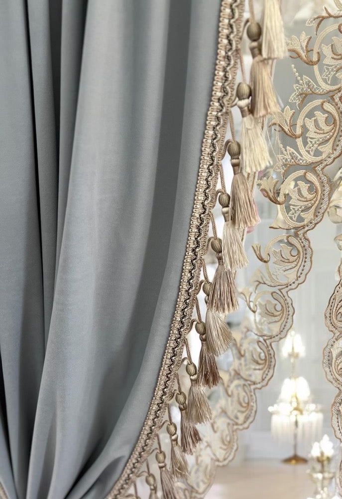 Handmade custom velvet curtain with fringe trim border and sheer, gray_blue velvet curtain, custom color