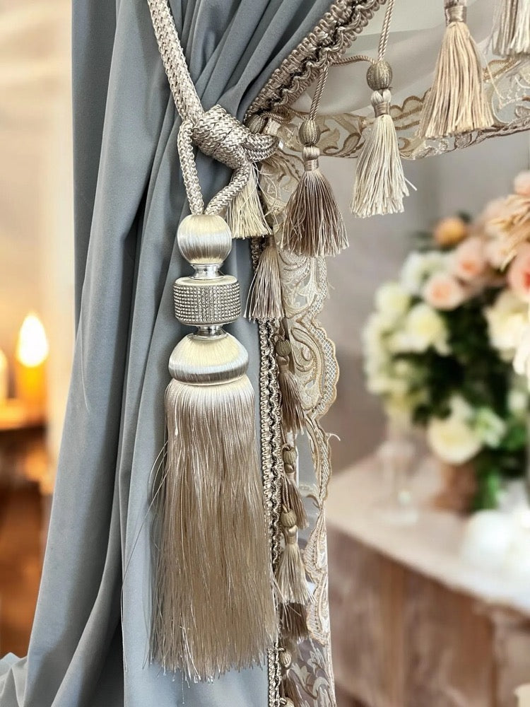 Handmade custom velvet curtain with fringe trim border and sheer, gray_blue velvet curtain, custom color